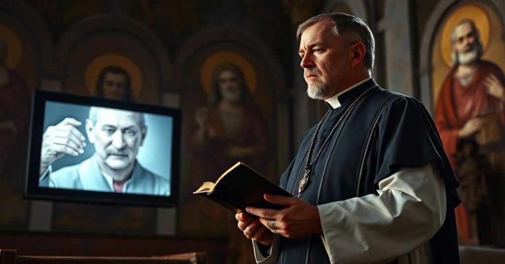 Ksiądz w tradycyjnych szatach kościelnych stoi w ciemnym kościele, trzymając zamkniętą książkę i patrząc na nowoczesny ekran z naturalistycznym przedstawieniem człowieka. Kontrast między świętym a profanum jest dotkliwy.