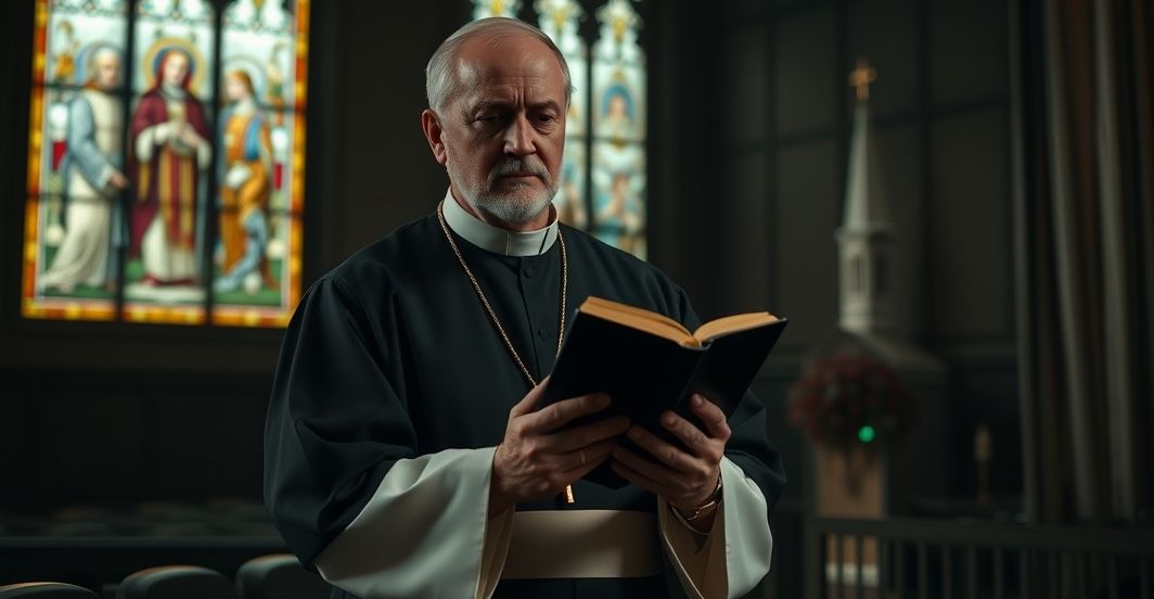 Ksiądz w tradycyjnym habitie stoi w ciemnym kościele, trzymając zamkniętą Biblię, z wyraźnym wyrazem troski na twarzy. W tle widoczne są witraże z wyobrażeniami soboru nicejskiego, podkreślającymi królestwo Chrystusa, podczas gdy w oddali widoczny jest minaret, symbolizujący sprzeczność z modernistycznym kompromisem.