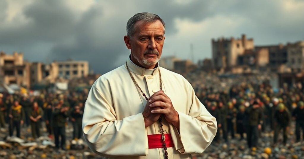 Katolicki książ w tradycyjnych szatach modli się przed scenerią wojny w Strefie Gazy, z ruiny i cierpiącymi ludźmi na tle.