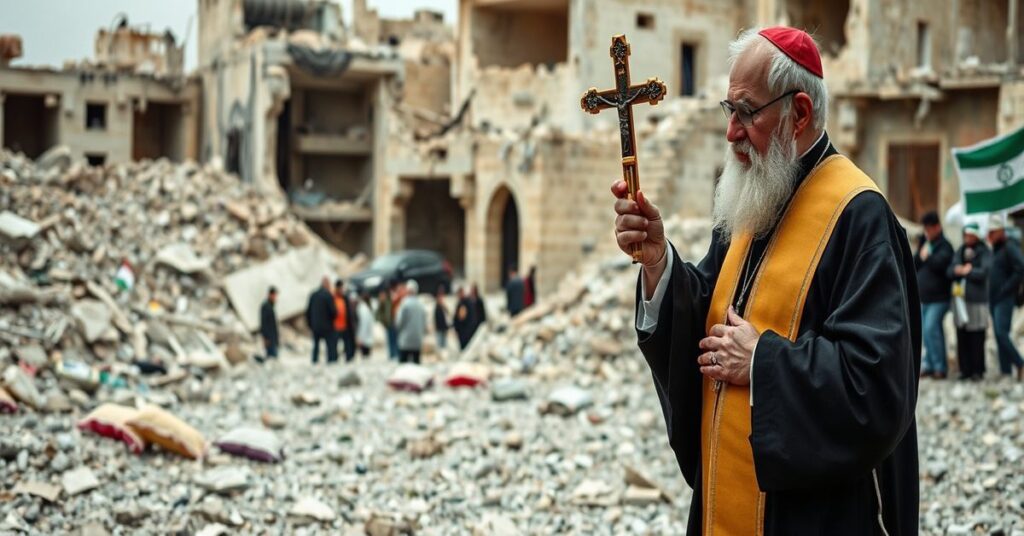 Ksiądz katolicki modli się w ruinach Gazy, trzymając krucyfiks, na tle zniszczenia i żałobników.