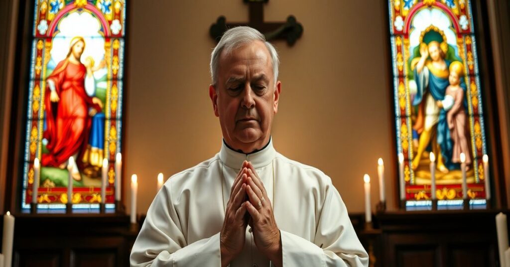 Ksiądz w tradycyjnych szatach liturgicznych modli się w kaplicy z krzyżem na tle - symbolizuje duchową kryzys Kościoła.