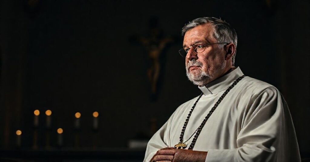 Tradycyjny ksiądz katolicki modlący się w ciemnej kaplicy z różańcem w ręku.