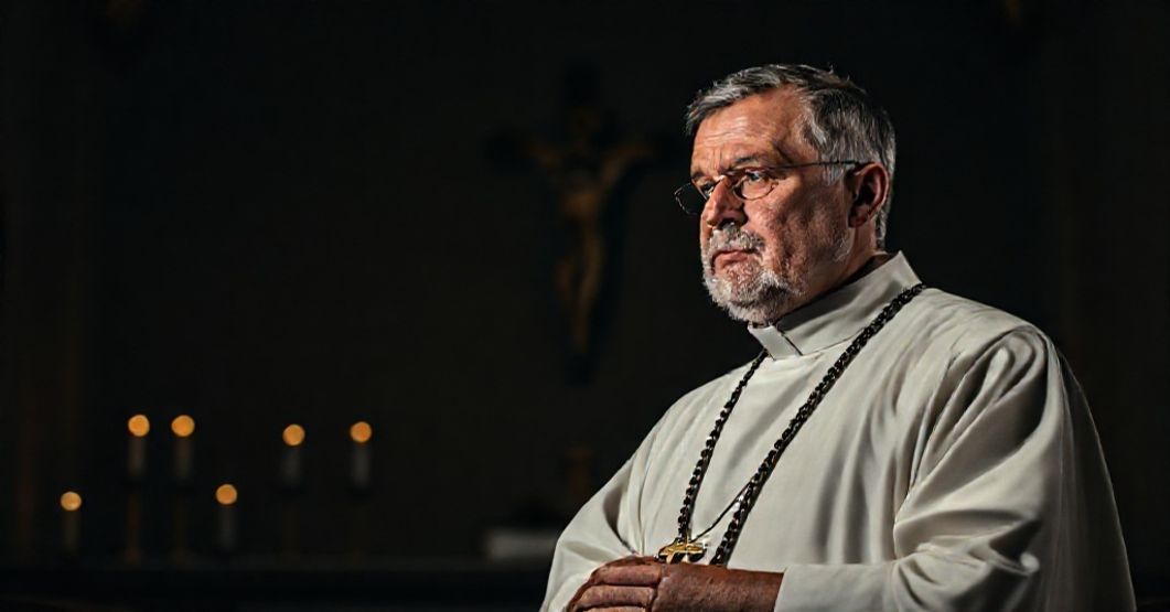 Tradycyjny ksiądz katolicki modlący się w ciemnej kaplicy z różańcem w ręku.