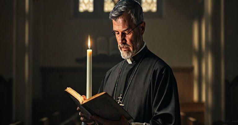 Tradycyjny ksiądz katolicki w kaplicy, trzymający świecę w ciemności, symbolizujący kryzys moralny aborcji jako fałszywej opieki zdrowotnej