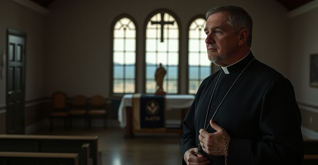 Katolicki ksiądz w opuszczonej kaplicy wojskowej, trzymający różaniec, z opuszczonym flagą NATO. Scena podkreśla brak publicznego uznania Chrystusa Króla w sojuszech wojskowych.
