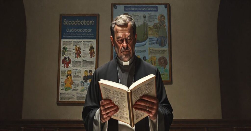 Katolicki ksiądz w tradycyjnym stroju stoi w kaplicy, wpatrując się z żalem na współczesną, świecką plakat edukacyjny promujący modernistyczne wartości