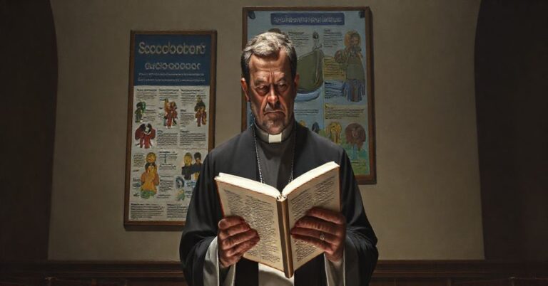 Katolicki ksiądz w tradycyjnym stroju stoi w kaplicy, wpatrując się z żalem na współczesną, świecką plakat edukacyjny promujący modernistyczne wartości