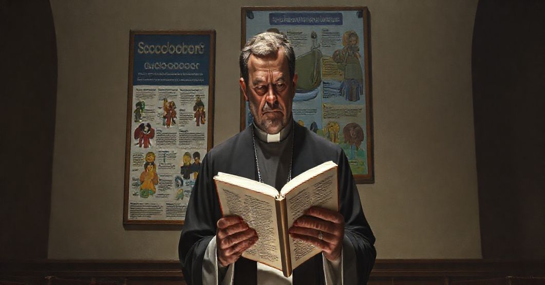 Katolicki ksiądz w tradycyjnym stroju stoi w kaplicy, wpatrując się z żalem na współczesną, świecką plakat edukacyjny promujący modernistyczne wartości