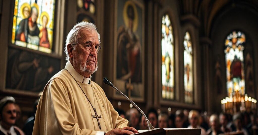 Stary ksiądz w ornacie stoi przy ambonie w Bialostockiej katedrze podczas uroczystej mszy. W tle widoczne są witraże przedstawiające święte postaci. Scena jest poważna i refleksyjna.