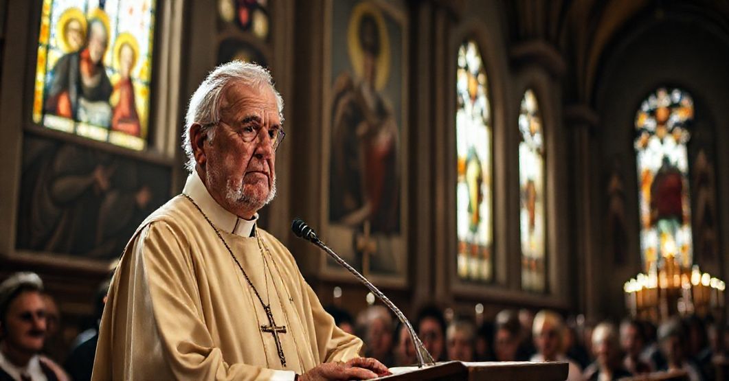 Stary ksiądz w ornacie stoi przy ambonie w Bialostockiej katedrze podczas uroczystej mszy. W tle widoczne są witraże przedstawiające święte postaci. Scena jest poważna i refleksyjna.