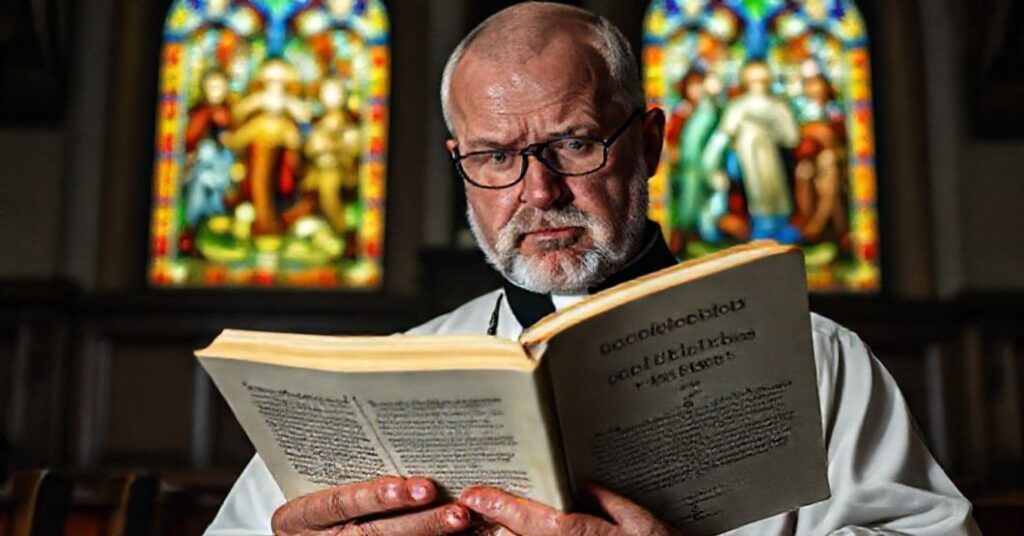 Portret katolickiego księdza czytającego książkę Johna Schellenberga w tradycyjnym kościele