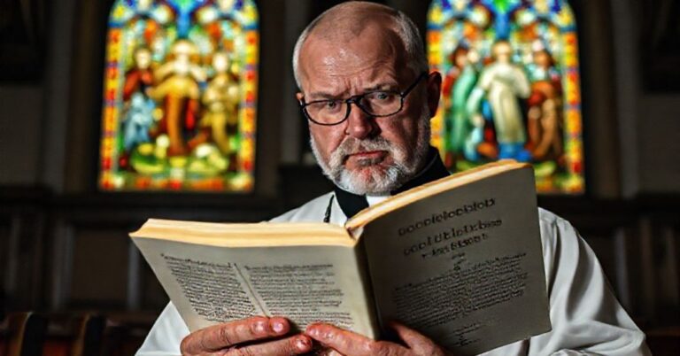 Portret katolickiego księdza czytającego książkę Johna Schellenberga w tradycyjnym kościele