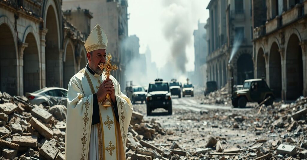 Ksiądz w tradycyjnych szatach liturgicznych modli się z Najświętszym Sakramentem w zniszczonym kościele w Libanie podczas izraelskiej operacji wojskowej.