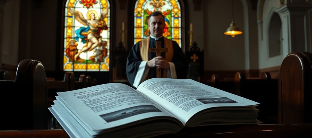 Ksiądz w tradycyjnym stroju liturgicznym stoi przed ołtarzem w kościele z witrażem przedstawiającym św. Michała Archanioła walczącego z demonami. Na ławce leżą odtajnione dokumenty Pentagonu z niejasnymi zdjęciami UFO.