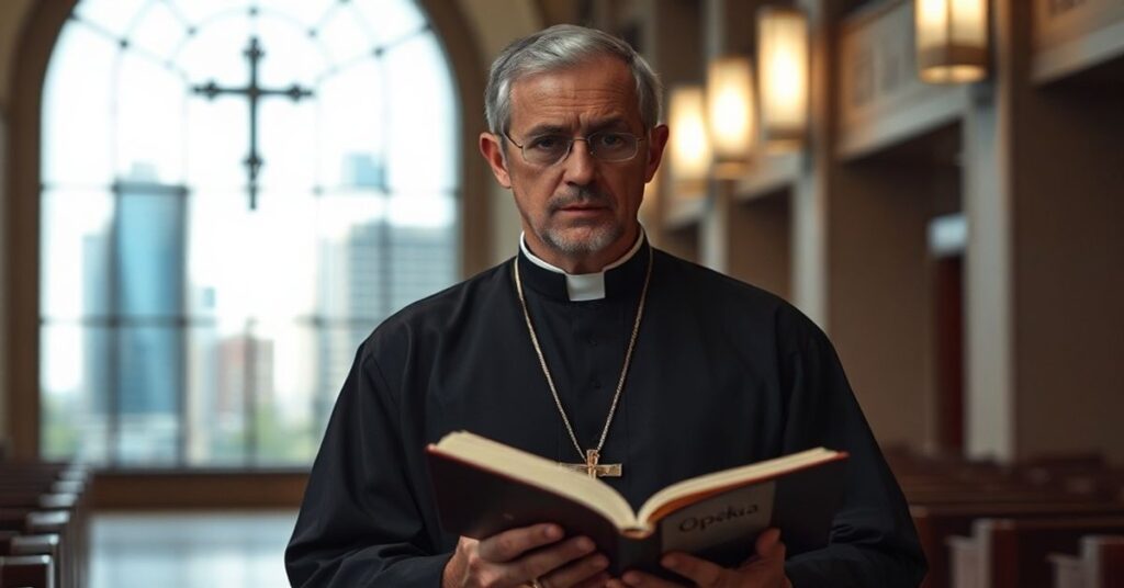 Solemny ksiądz w kościele z książką o redukcji ewangelizacji do humanizmu