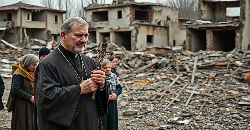 Ksiądz katolicki w ruinach zniszczonego miasta, trzymający krzyż i udzielający pociechy duchowej ludności w czasie wojny.