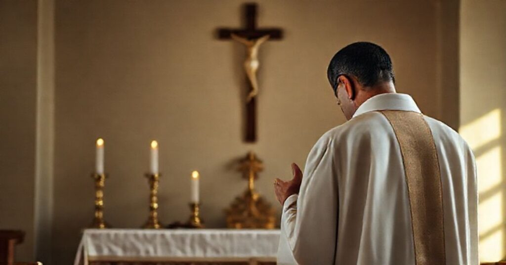 Tradycyjny katolicki ksiądz w modlitwie przed prostym ołtarzem z krzyżem i światłem świecy, symbolizujący głęboką pobożność i wierność tradycyjnym wartościom wiary.