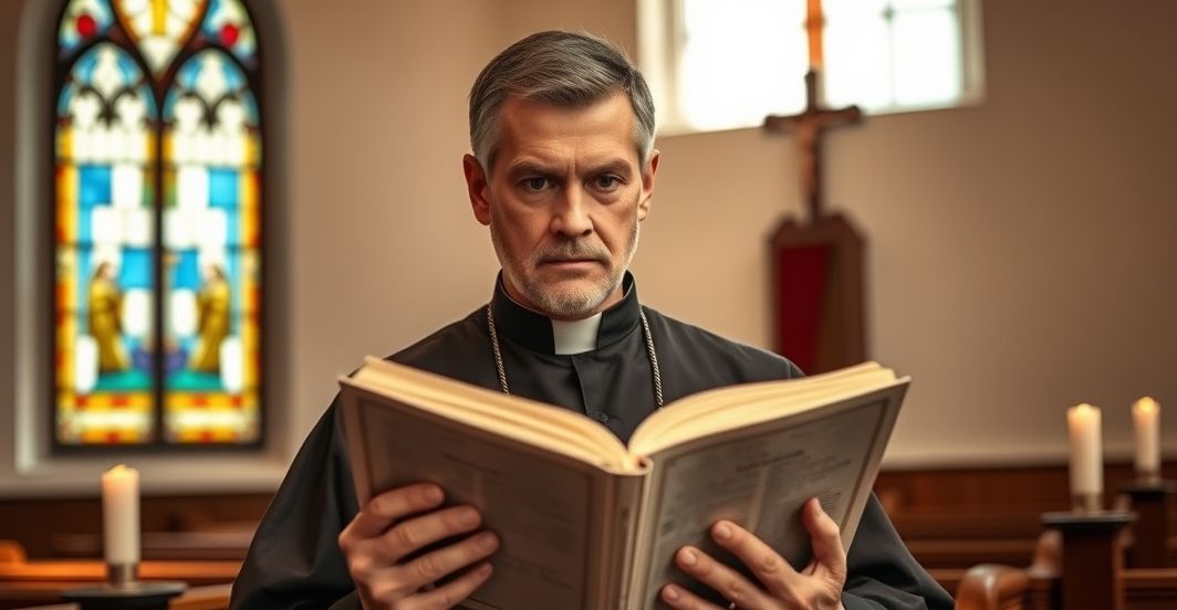 Tradycyjny ksiądz w kościele, trzymający Biblię, z wyraźnym napięciem teologicznym