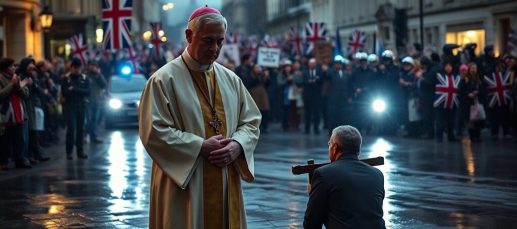 Ksiądz katolicki w tradycyjnych szatach modli się nad pokutującym protestantem w Londynie podczas zamieszek antyislamskich.