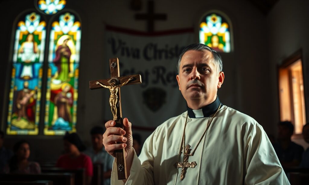 Ksiądz stojący w kościele w Nikaragui z krzyżem w ręku, otoczony wiernymi. Scena prześladowania Kościoła katolickiego przez dyktaturę Ortega-Murillo.