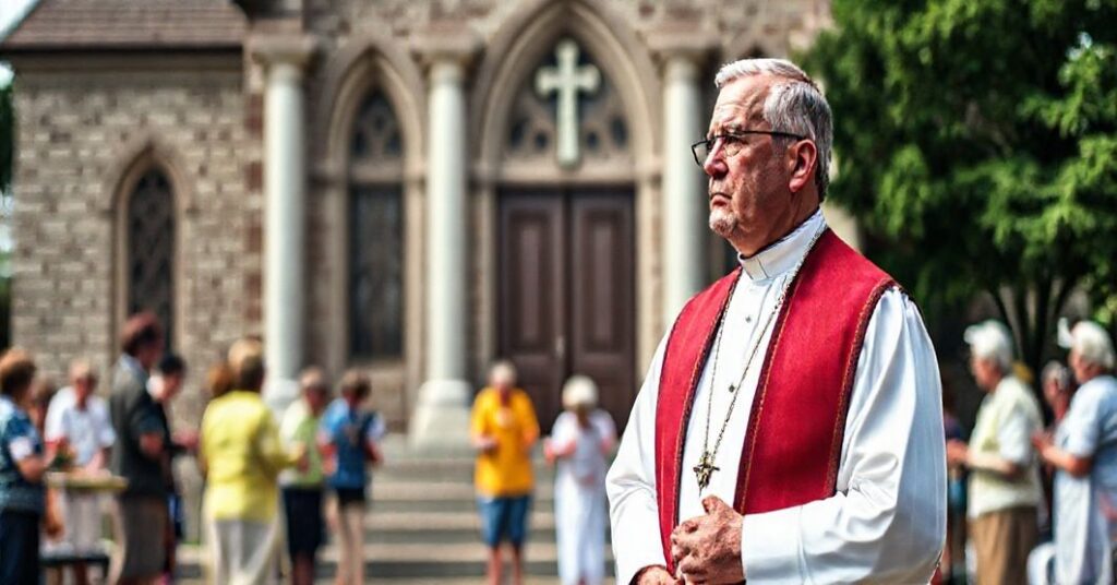 Sztuka tradycyjnego rysunku przedstawiająca poważnego księdza w ornatach stojącego przed kościołem parafialnym, podczas gdy grupa ludzi zajmuje się świeckimi zajęciami takimi jak sporty i degustacje jedzenia. Kontrast między świętym a profanum jest ostry.