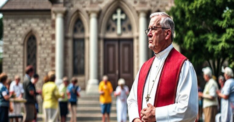 Sztuka tradycyjnego rysunku przedstawiająca poważnego księdza w ornatach stojącego przed kościołem parafialnym, podczas gdy grupa ludzi zajmuje się świeckimi zajęciami takimi jak sporty i degustacje jedzenia. Kontrast między świętym a profanum jest ostry.