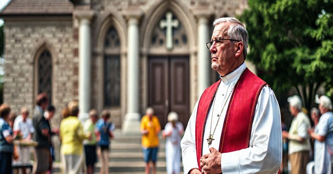 Sztuka tradycyjnego rysunku przedstawiająca poważnego księdza w ornatach stojącego przed kościołem parafialnym, podczas gdy grupa ludzi zajmuje się świeckimi zajęciami takimi jak sporty i degustacje jedzenia. Kontrast między świętym a profanum jest ostry.