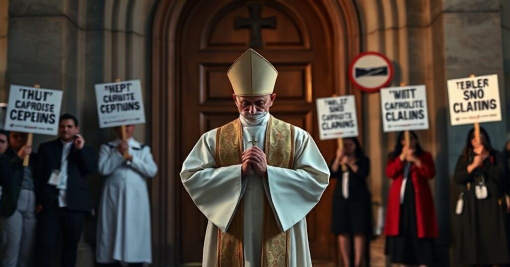 Tradycyjny katolicki ksiądz w szatach liturgicznych stojący przed zamkniętymi drzwiami kościoła, otoczony protestującymi z antynawistycznymi transparentami.