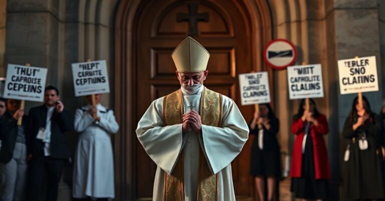 Tradycyjny katolicki ksiądz w szatach liturgicznych stojący przed zamkniętymi drzwiami kościoła, otoczony protestującymi z antynawistycznymi transparentami.