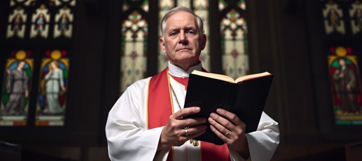 Ochrona prawdziwej tożsamości płciowej w nauce Kościoła Ksiądz w tradycyjnych szatach liturgicznych trzyma Biblię w kościele z witrażami przedstawiającymi Adama i Ewę.