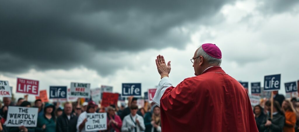 Ksiądz w tradycyjnych strojach liturgicznych błogosławi tłum protestujących przeciwko aborcji na tle burzowego nieba