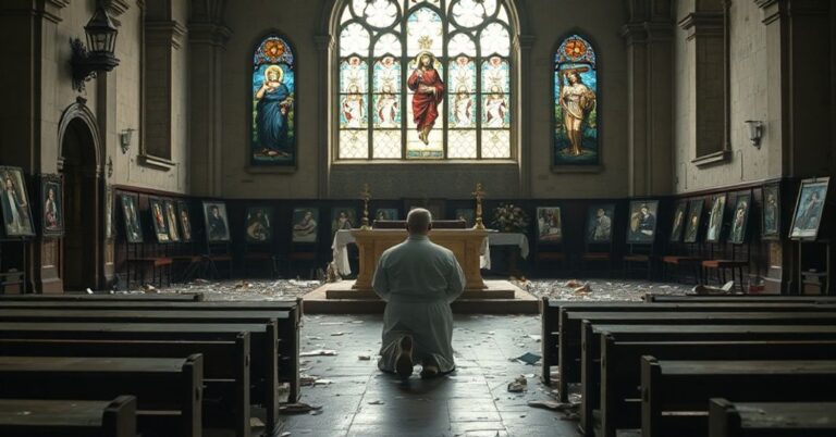 Ksiądz modlący się w opuszczonej kaplicy wśród symboli demoralizacji społecznej