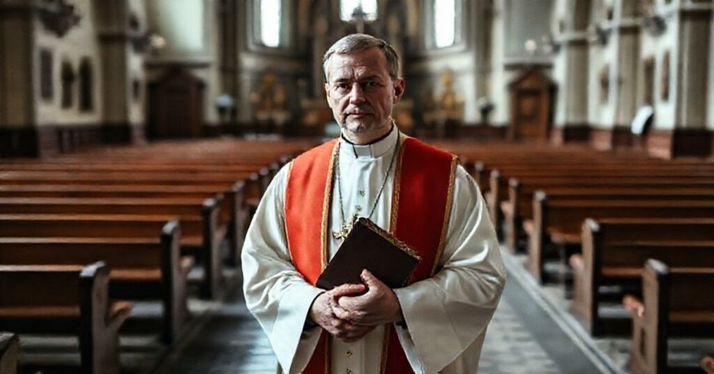 Ksiądz w tradycyjnych szatach liturgicznych stoi w historycznym kościele czeskim, trzymając brewiarz, na tle pustych ław i blaknących ikon duchowych. Scena przekazuje ostry kontrast między starożytną wiarą a współczesną apostazją.