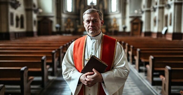 Ksiądz w tradycyjnych szatach liturgicznych stoi w historycznym kościele czeskim, trzymając brewiarz, na tle pustych ław i blaknących ikon duchowych. Scena przekazuje ostry kontrast między starożytną wiarą a współczesną apostazją.