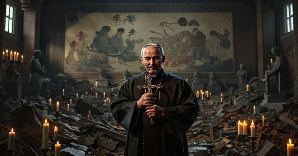 Ksiądz katolicki stojący w ruinach chińskiego sanktuarium wśród zniszczonych dzieł sztuki i symboli religijnych. Na tle widoczne są niszczone freski i zaburzone relikwie.