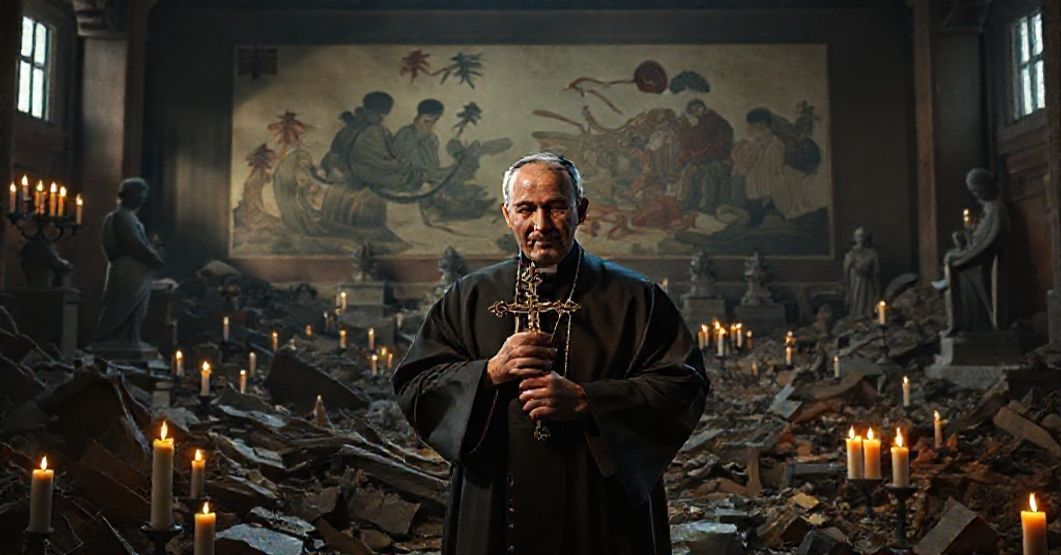 Ksiądz katolicki stojący w ruinach chińskiego sanktuarium wśród zniszczonych dzieł sztuki i symboli religijnych. Na tle widoczne są niszczone freski i zaburzone relikwie.