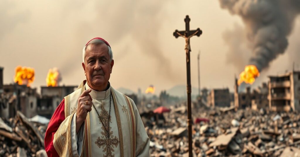 Katolicki ksiądz w tradycyjnym ornaty stoi w ruinach zniszczonego miasta z podniesionym krzyżem, z dymem na tle eksplozji