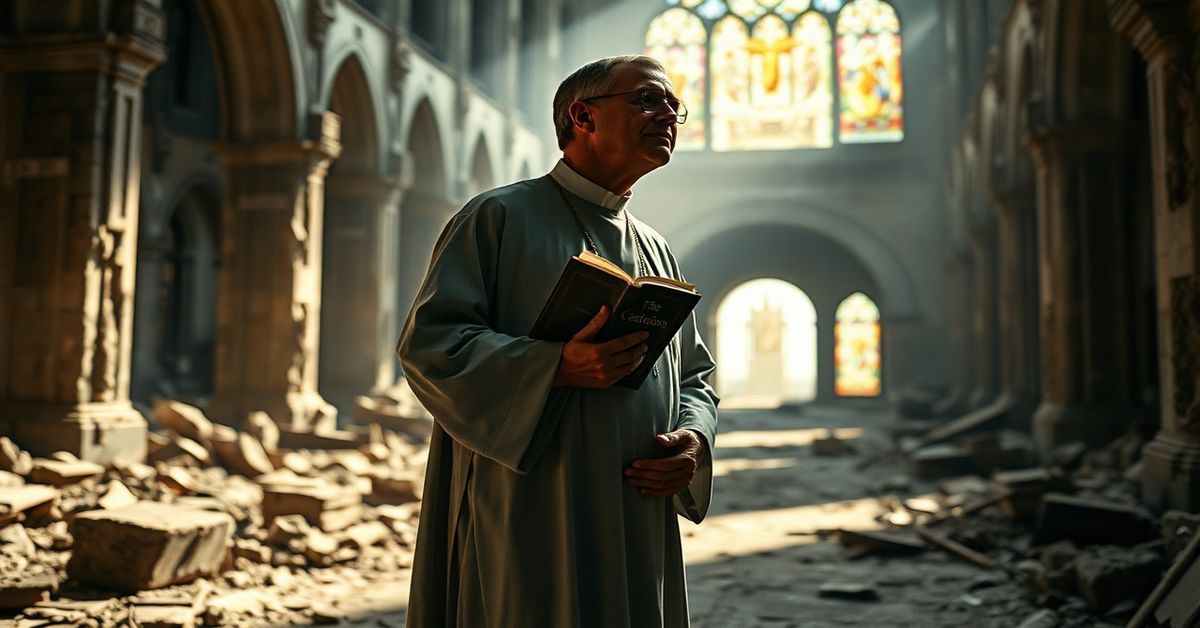 Tradycyjny ksiądz w ruinach kościoła z Katechizmem w ręku.