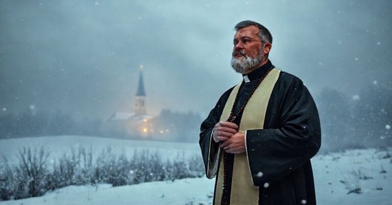 Krakowski ksiądz w stroju liturgicznym modli się w śniegu i mgle podczas zimnej nocy