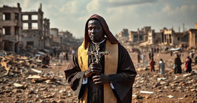 Kiedyś katolicki ksiądz w tradycyjnych szatach stoi na zniszczonym tle sudańskiego krajobrazu, trzymając krzyż. Scena przekazuje powagę i smutek, podkreślając potrzebę prawdziwej duchowej konwersji zamiast dialogu humanistycznego.