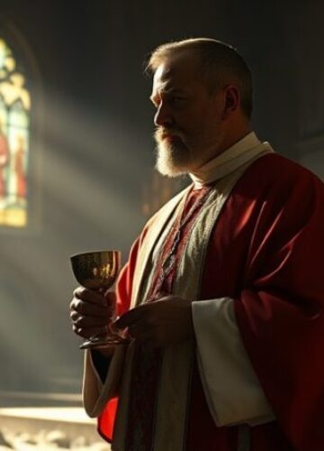 Ksiądz w tradycyjnych szatach liturgicznych - symbol utraty prawdziwego kapłaństwa Ksiądz w tradycyjnych szatach liturgicznych modli się przed monstrancją w starożytnym kościele z witrażami przedstawiającymi Chrystusa Króla