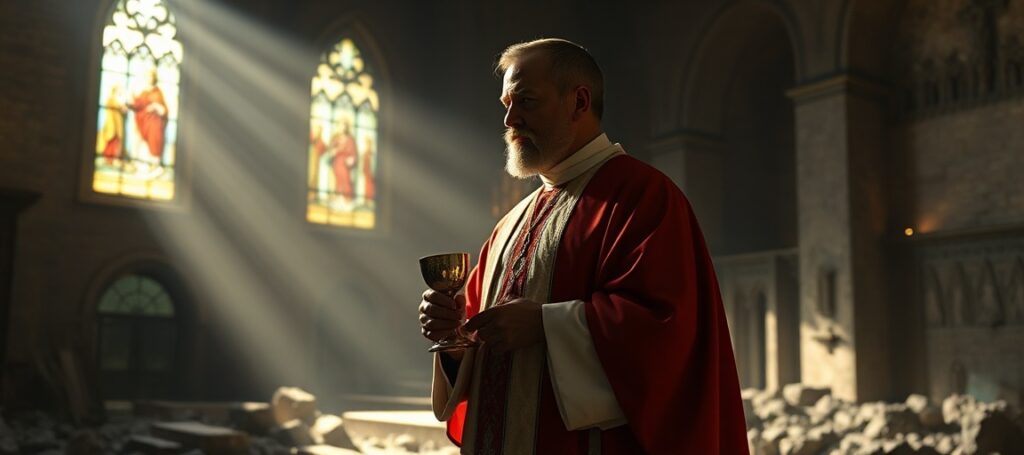 Ksiądz w tradycyjnych szatach liturgicznych modli się przed monstrancją w starożytnym kościele z witrażami przedstawiającymi Chrystusa Króla