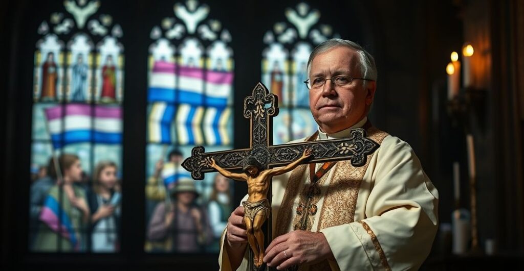 Ksiądz w tradycyjnych szatach liturgicznych trzyma krzyż w kościele, z widokiem protestu przeciwko ideologii transgender widocznym przez witraże, symbolizując duchową walkę z upadkiem kulturowym.