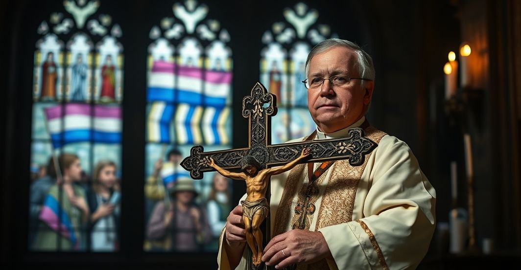 Ksiądz w tradycyjnych szatach liturgicznych trzyma krzyż w kościele, z widokiem protestu przeciwko ideologii transgender widocznym przez witraże, symbolizując duchową walkę z upadkiem kulturowym.