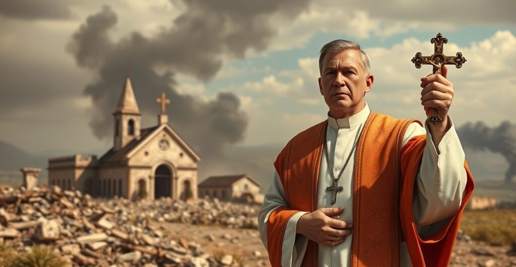 Ksiądz w tradycyjnych szatach liturgicznych trzyma krzyż przed zniszczonym krajobrazem, symbolizujący moralne aspekty wojny i potrzebę pokoju chrześcijańskiego.