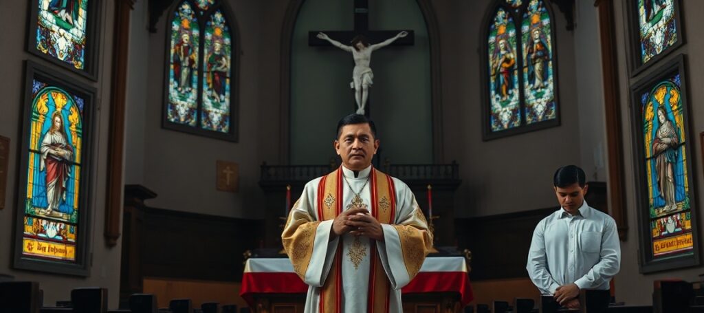 Wnętrze tradycyjnego kościoła katolickiego z księdzem w pełnym stroju liturgicznym trzymającym krucyfiks. Na tle duży ornamentowany krucyfiks na ścianie i witraże przedstawiające sceny z życia Chrystusa.