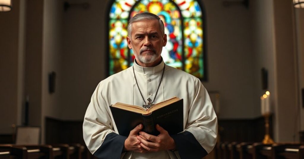 Ksiądz w tradycyjnym ornacie w kościele, trzymający Biblię, z oknem witrażowym przedstawiającym Najświętsze Serce Jezusowe