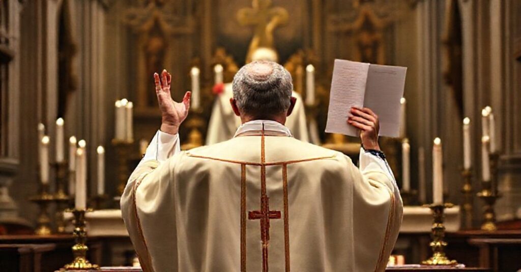 Tradycyjny katolicki ksiądz w pełnym stroju liturgicznym podczas mszy trydenckiej w historycznej kościele