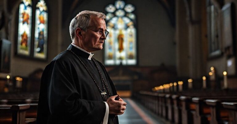 Ksiądz w tradycyjnym sutanie stoi w kościele z filmowym plakatem 'Wielkie Ostrzeżenie' w tle.