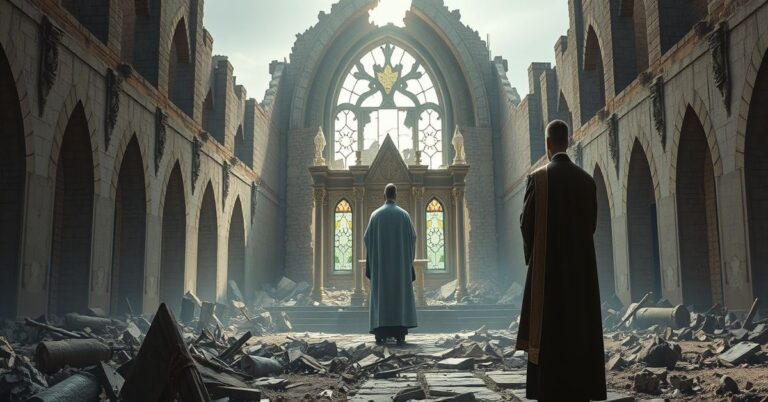 Tradacyjny maronicki ksiądz w szatach stojący przed zniszczonym ołtarzem w zniszczonej libańskiej wiosce.